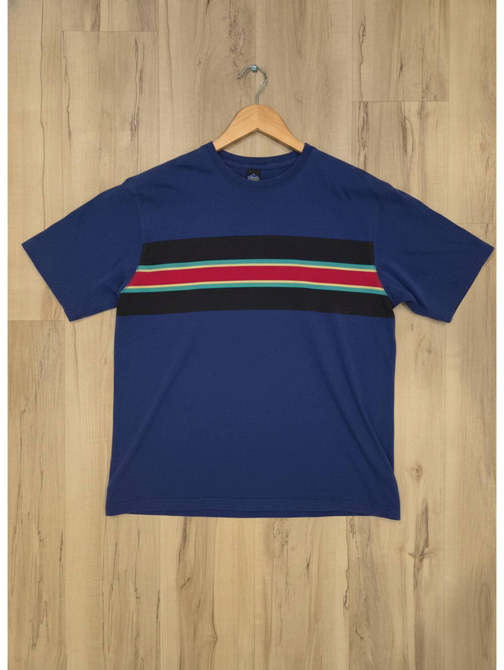 Lands' End Men's Blue Cotton T-Shirt with Multicolor Stripes, Size Large
